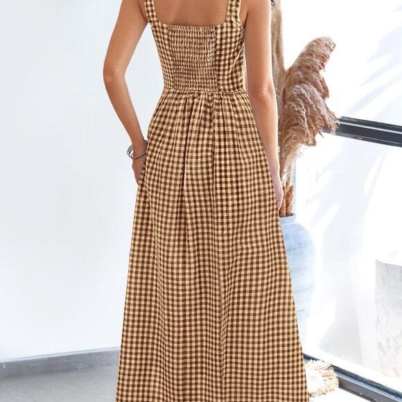 Elegant Women's 2025 Summer Spaghetti Strap Maxi Dress with Pockets - Coffee - Picture 2 of 8